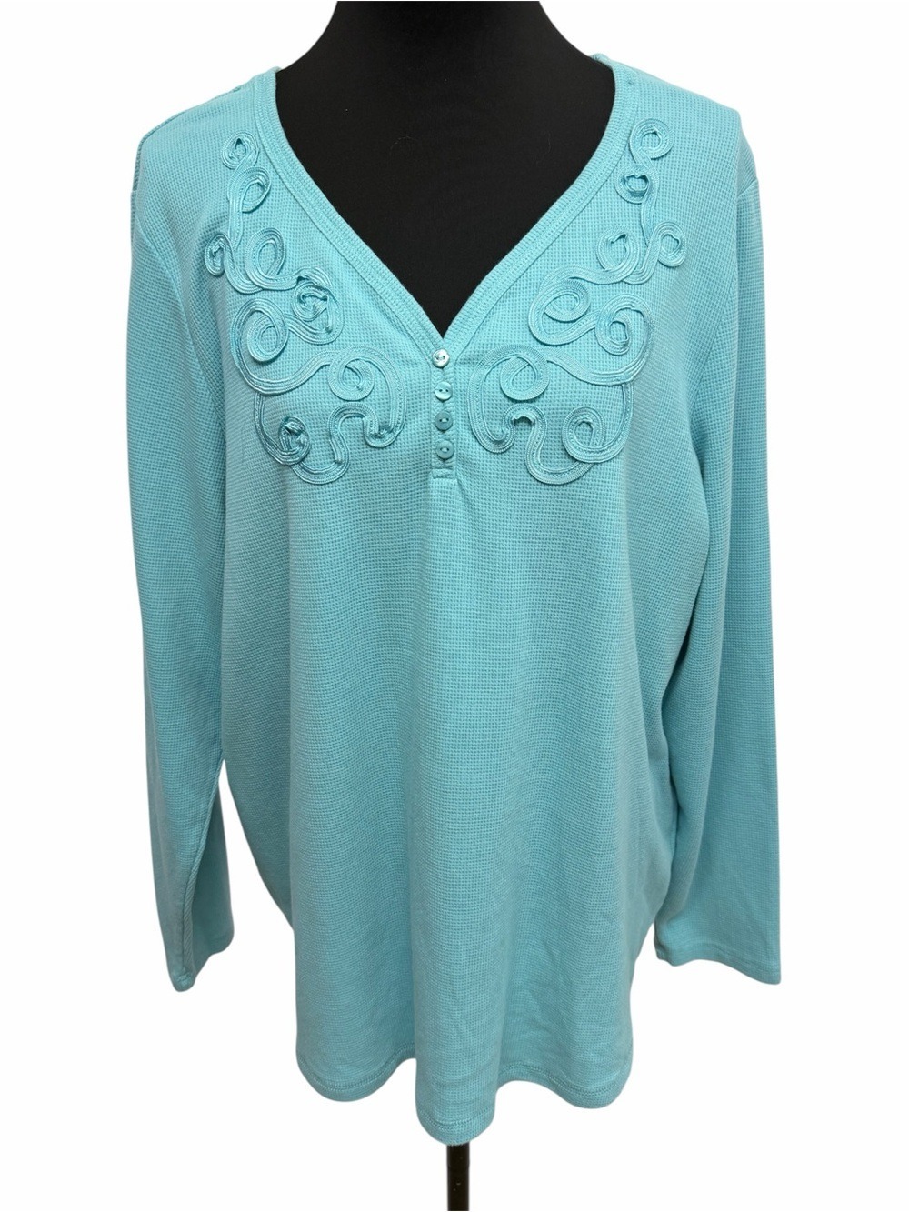 NorthCrest Women’s Plus Aqua Thermal Embroidered Henley Top